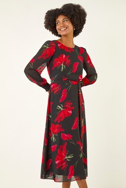 Red Floral Tie Waist Midi Dress
