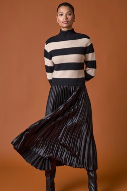Romn Stripe Knit Bodice Pleated Skirt Dress