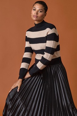 Romn Stripe Knit Bodice Pleated Skirt Dress