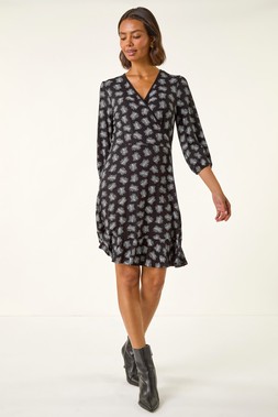 Roman Black Leaf Print Wrap Stretch Dress