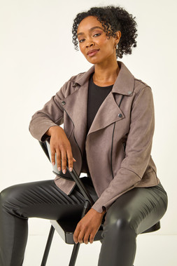 Roman Petite Mocha Faux Suede Biker Jacket