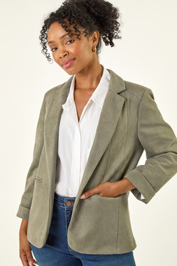Roman Petite Khaki Faux Suede Blazer