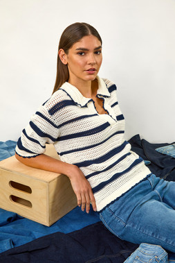 Roman Navy Collared V-Neck Stripe Knit