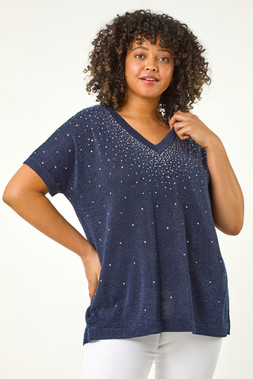 Roman Curve Navy Shimmer Hotfix Knit Top