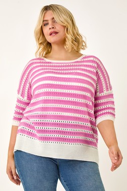 Roman Curve Pink Crochet Stripe Knit Top