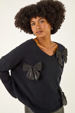 Roman Black Bow Embellished V-Neck Knit Jumper