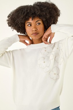 Ivory Floral Embroidered Sequin Knit Jumper