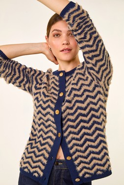 Roman Navy Fluffy Stripe Knit Cardigan