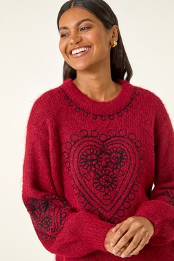 Roman Wine Heart Embroidered Knit Jumper
