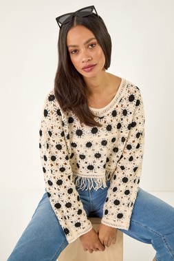 Roman Dusk Crochet Tassel Hem Knit Jumper