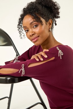 Roman Petite Wine Bow Trim Sleeve Knit Jumper