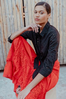 Roman Red Broderie Tiered Maxi Skirt