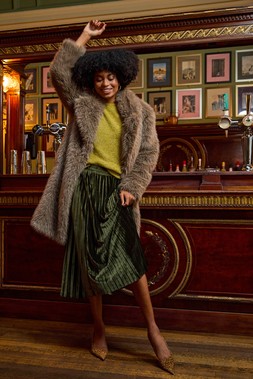 Roman Dark Green Velvet Pleated Midi Skirt