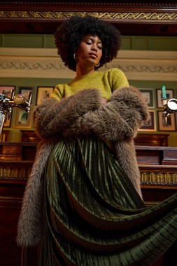 Roman Dark Green Velvet Pleated Midi Skirt