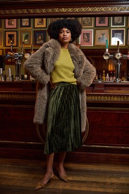 Roman Dark Green Velvet Pleated Midi Skirt