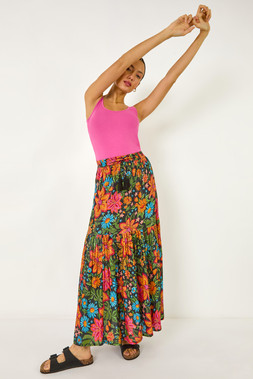 Roman Floral Print Tiered A-Line Skirt