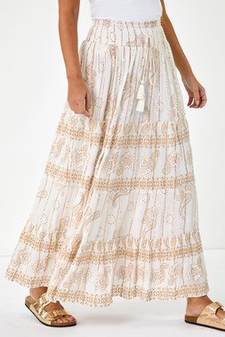 Dusk White Paisley Print A-Line Maxi Skirt