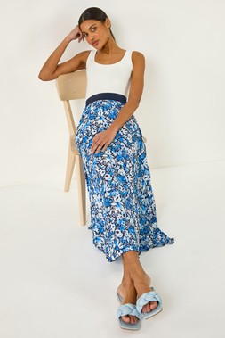 Roman Blue Floral Pleated Skirt