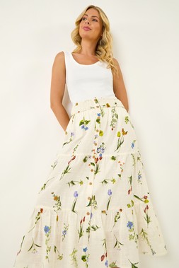 Roman Petite Floral Print Shirred Midi Skirt