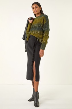 Roman Fringe Side Knit Midi Pencil Skirt
