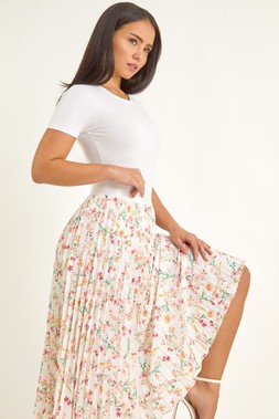 Roman Petite Pink Floral Pleated Midi Skirt