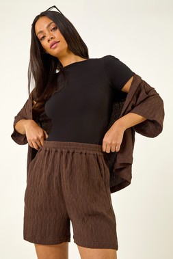 Roman Dusk Brown Textured Elastic Waist Shorts