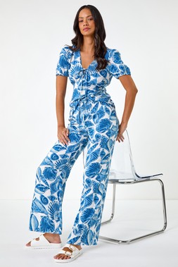 Dusk Blue Shell Print Wide Leg Trousers
