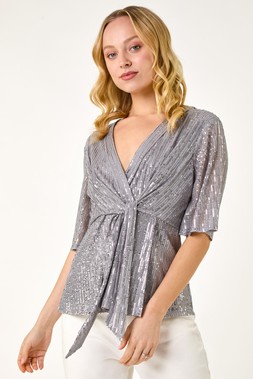Roman Dusk Silver Sequin Tie Front Top