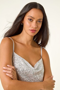 Roman Dusk Silver Cowl Neck Sequin Cami Top