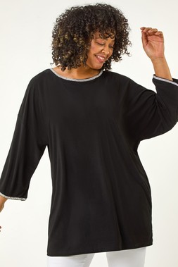 Roman Curve Black Diamante Trim Stretch Top