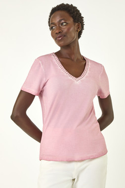 Roman Blush Trim Detail V-Neck Top
