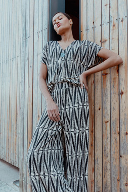 Roman Black Mono Print Wide Leg Stretch Trouser