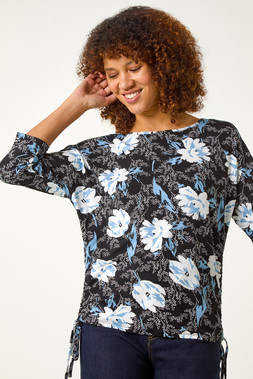 Roman Blue Floral Print Side Tie Stretch Top