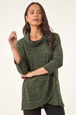 Roman Petite Khaki Brushed Knit Wrap Top