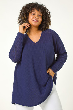 Roman Curve Navy Textured Knit V-Neck Tunic