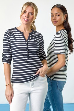Roman Petite Stripe V-Neck Button Top