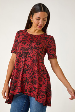 Roman Rust Floral Print Hanky Hem Tunic Top