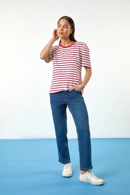 Roman Petite Red Stripe Ruched Sleeve Top & Indigo Skinny Stretch Jeans