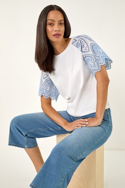Roman Dusk White Broderie Contrast Sleeve Top