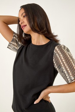 Roman Dusk Black Contrast Crochet Sleeve Top