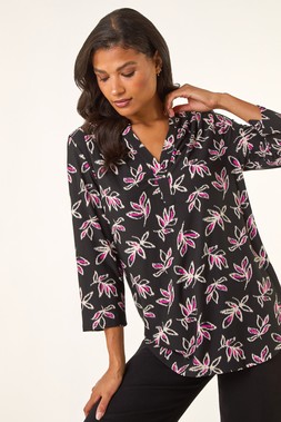 Roman Black Abstract Print V-Neck Stretch Top