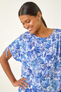 Roman Blue Floral Printed Tie Sleeve Top
