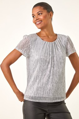 Roman Silver Metallic Sequin Plisse Top