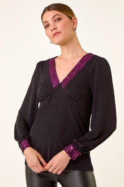 Roman Fuchsia Shimmer Sequin V-Neck Top