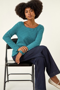 Roman Teal Textured Bubble Crepe Lettuce Edge Top