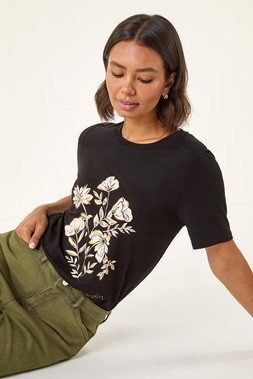 Roman Black Floral Placement Short Sleeve T-Shirt