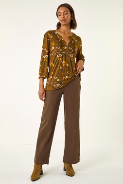 Roman Ochre Textured Floral Pintuck Tunic Top