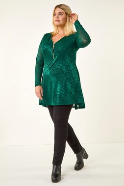 Roman Curve Green Zip Front Floral Lace Top