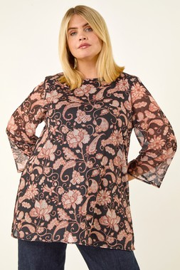Beige Curve Print Mesh Tunic Top