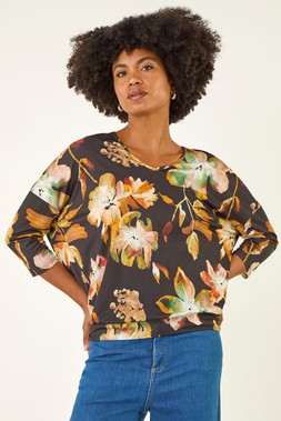 Roman Natural Floral Bubble Hem Stretch Top